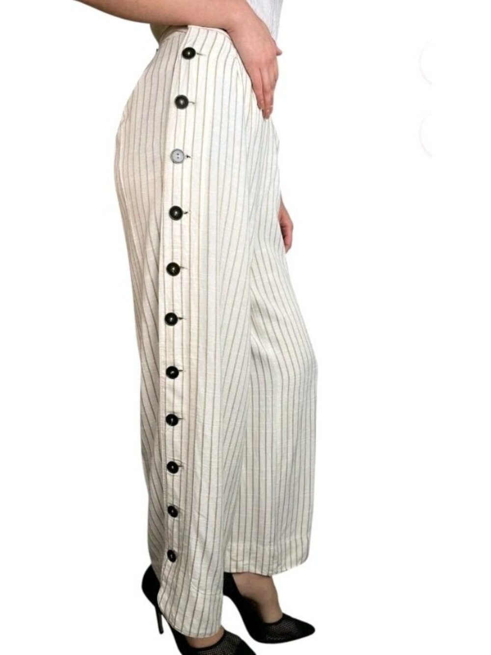 Anthropologie Wide Leg Pinstripe Pants Size 8 Ivory Side Button High Rise Boho